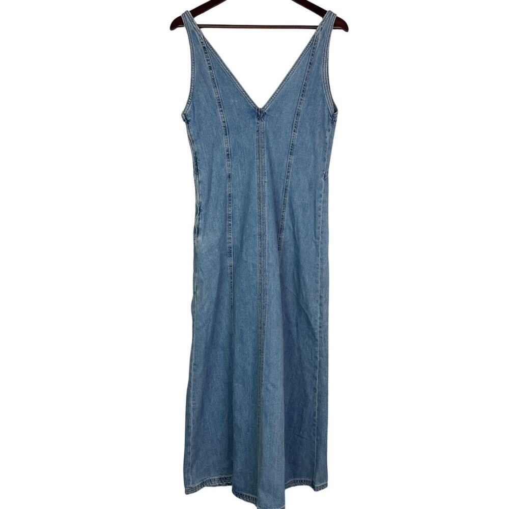 Zara Oversized Denim Seamed V Neck Sleeveless Midi Dress Side Zip Up S Blue Wash - Picture 7 of 16